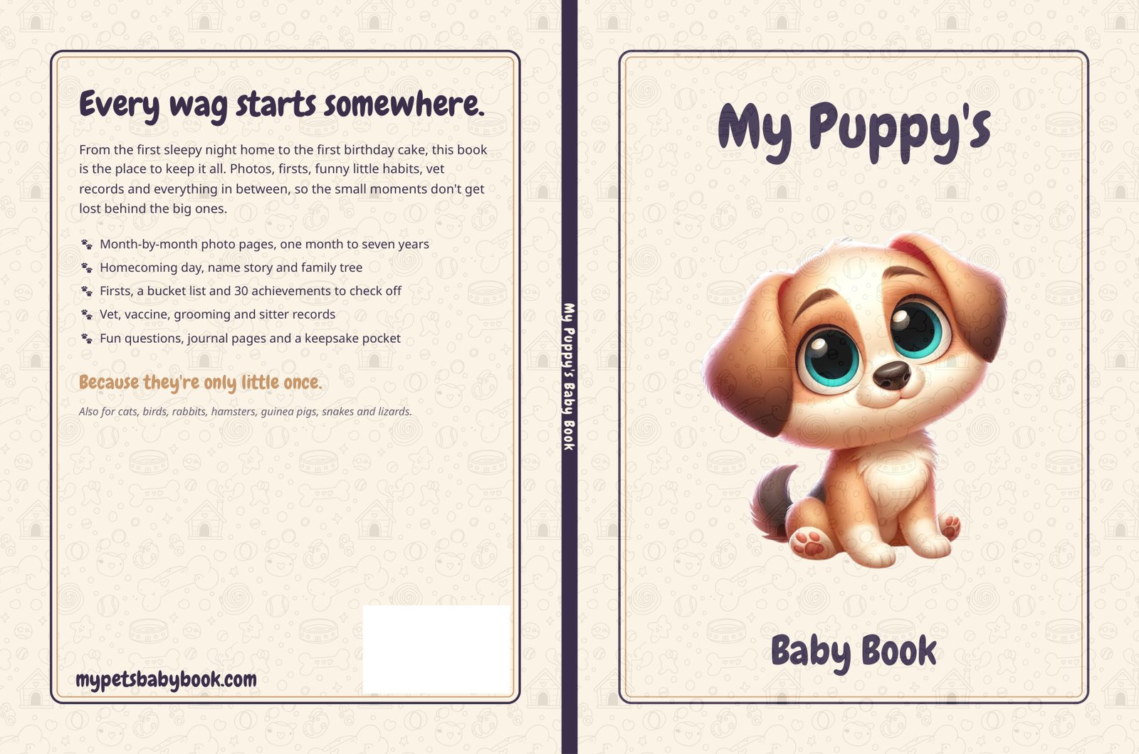 The dog edition of My Puppy's Baby Book, showing the back cover, spine and front cover